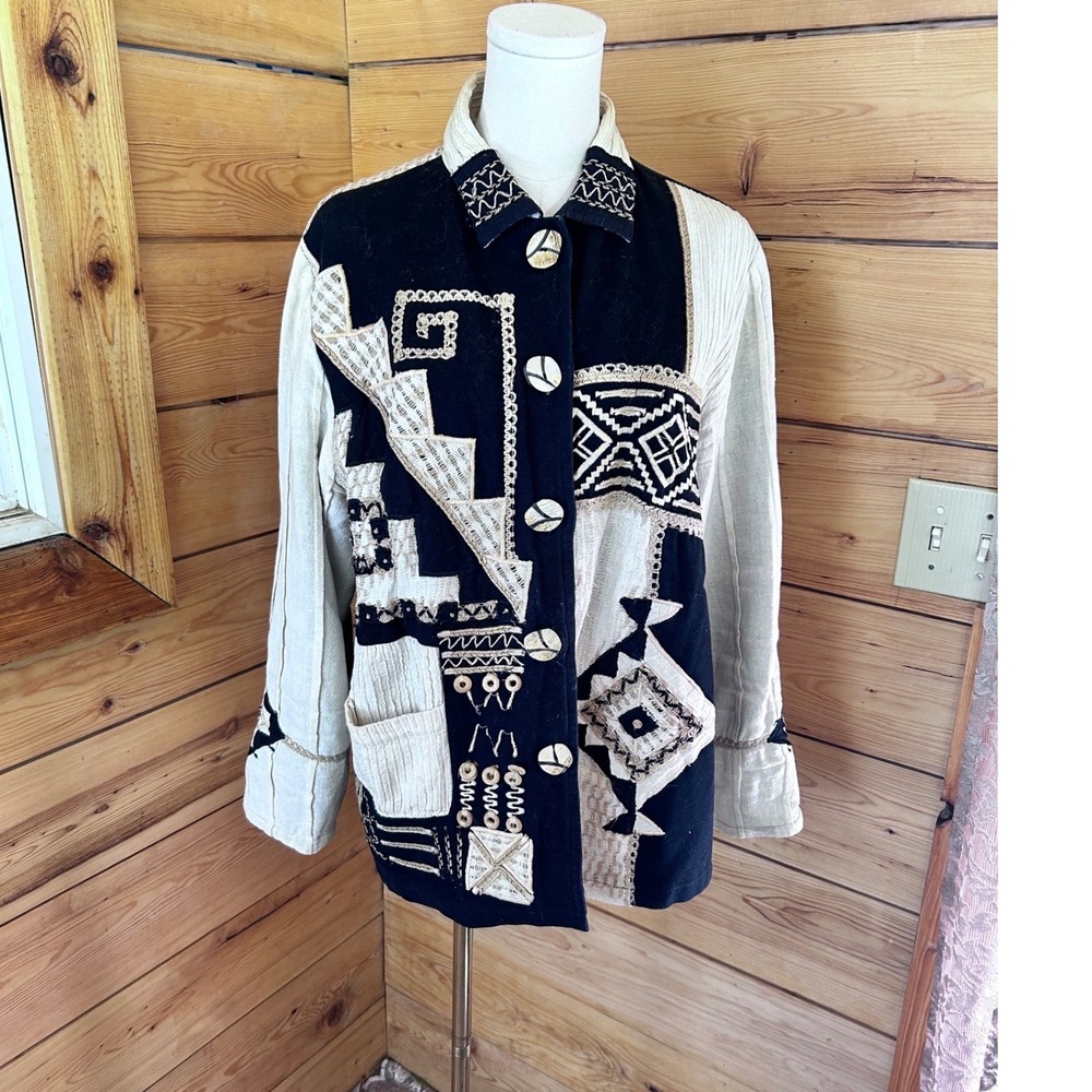Vintage Linen Patchwork Jacket Unisex Medium Black Cream Embroidered Poetica